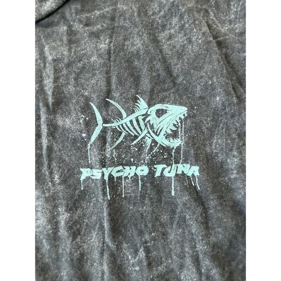 Psycho Tuna Mens Acid Wash Graphic T-Shirt Skeleton Fish Grey Teal Pink Small - Picture 3 of 7